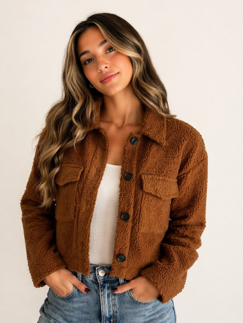 Banana Republic Sherpa‎ Jacket Camel Teddy Cropped Button Front XS Cozy Chic